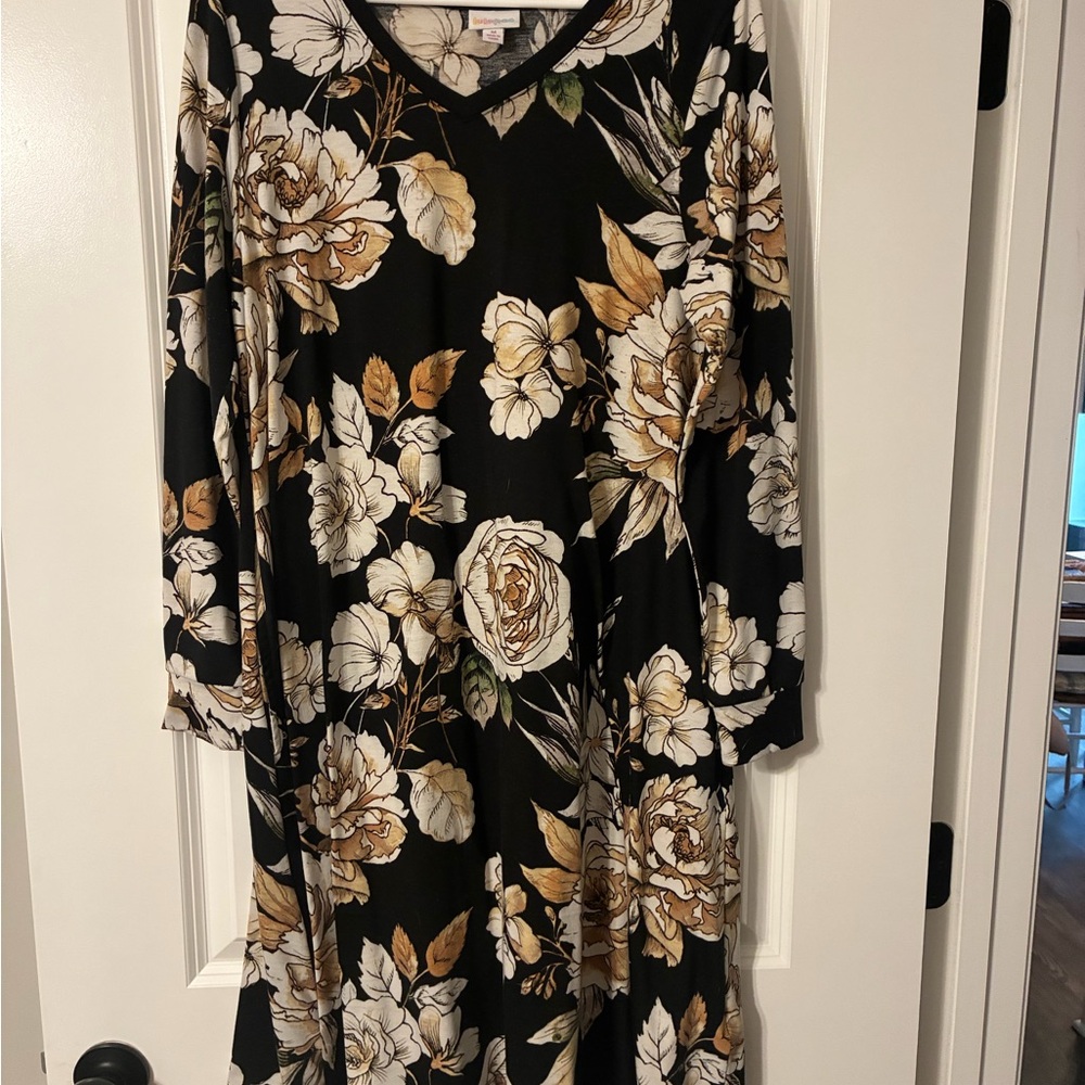 LuLaRoe Black Long Sleeve Dress with Gold and Cream Floral Print